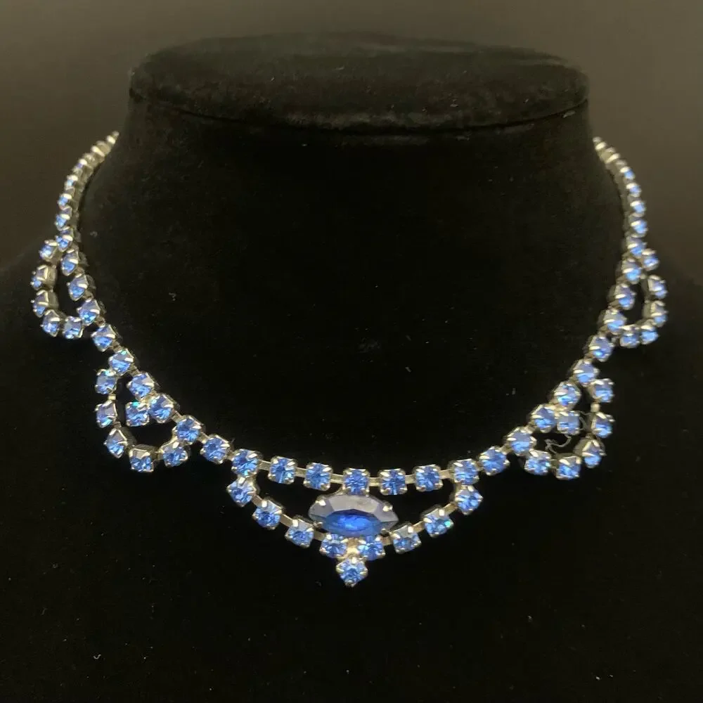 Vintage Blue Marquis & Chaton Rhinestone Statement Necklace